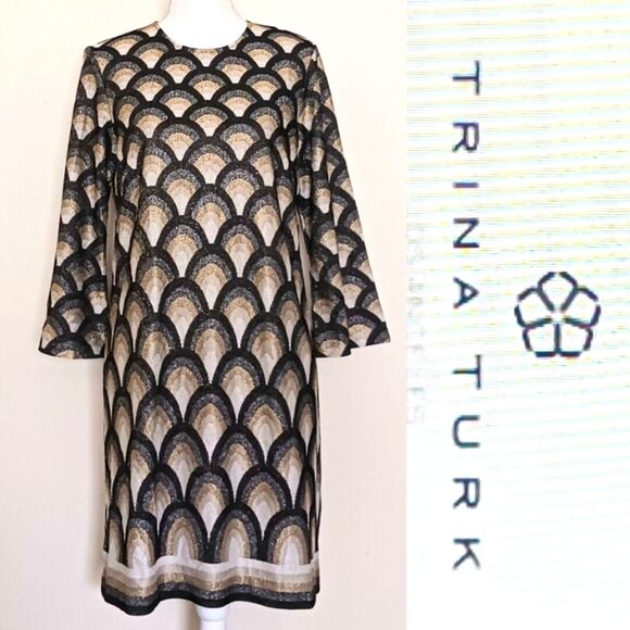 Trina Turk Metallic Scallop Design A Line Dress Flare Sleeve Blk/Gold/Gray Sz M - Picture 1 of 9